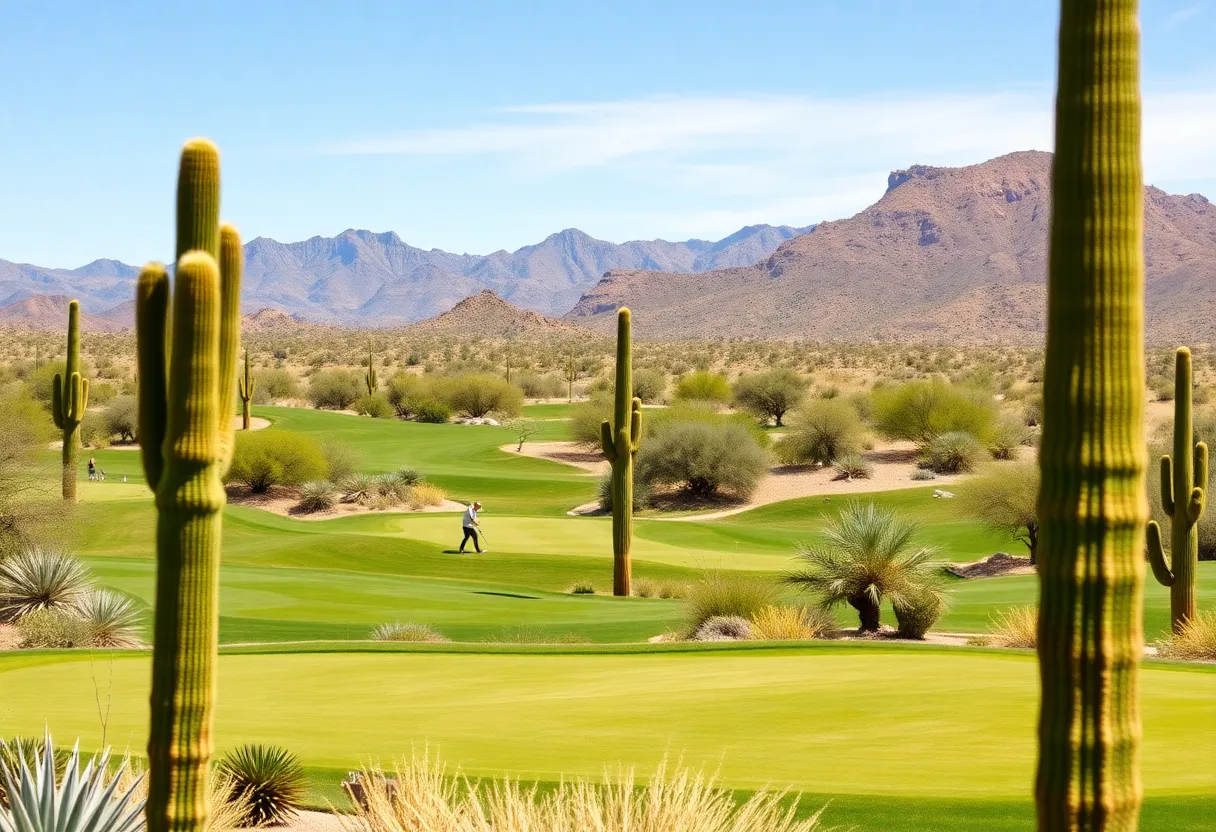 Golf course in Arizona desert with cacti and mountains