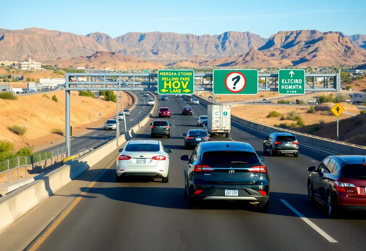 Traffic scene showing Arizona highways with HOV lane restrictions.
