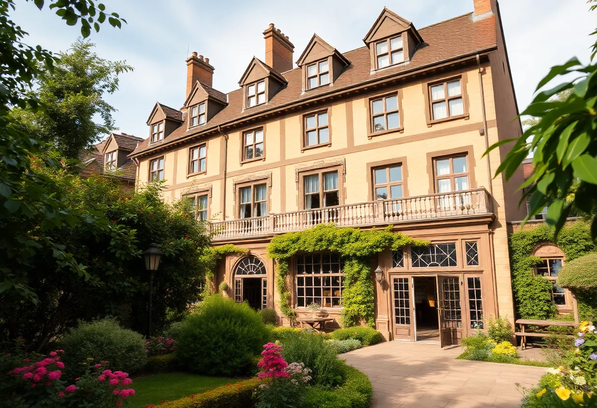 Exterior view of the historic Arizona Inn surrounded by gardens.