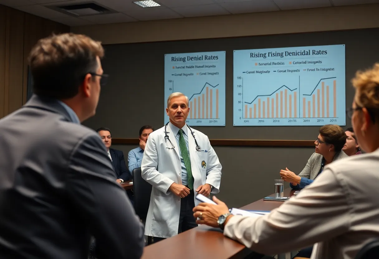 Community members attending a town hall meeting about insurance claim denials