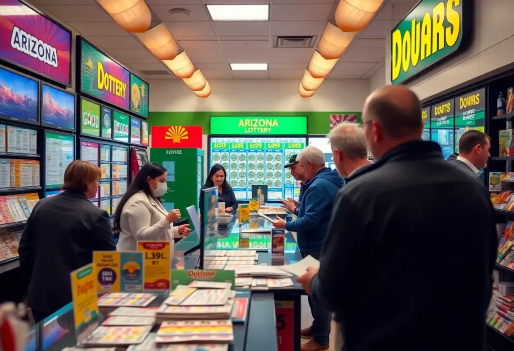 Customers interacting in an Arizona Lottery retail store, showcasing lottery ticket displays.