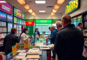 Customers interacting in an Arizona Lottery retail store, showcasing lottery ticket displays.