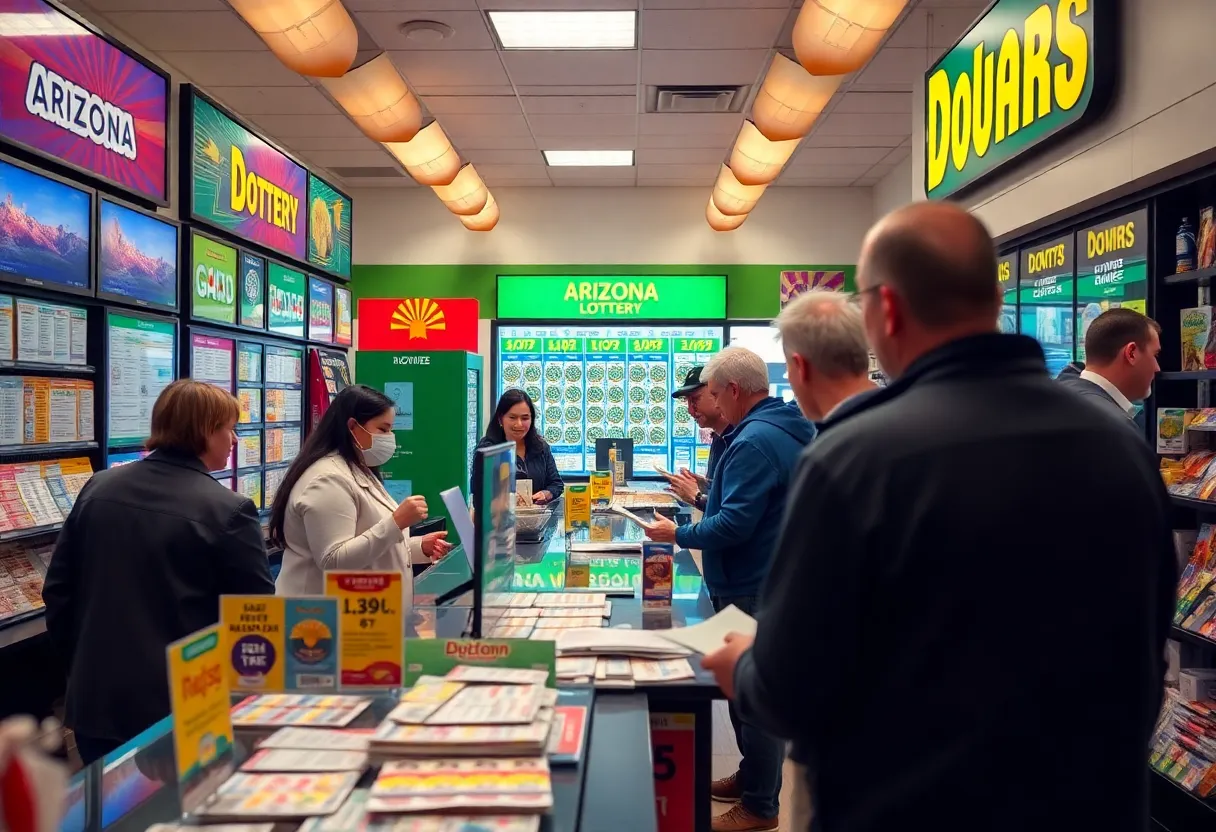 Customers interacting in an Arizona Lottery retail store, showcasing lottery ticket displays.