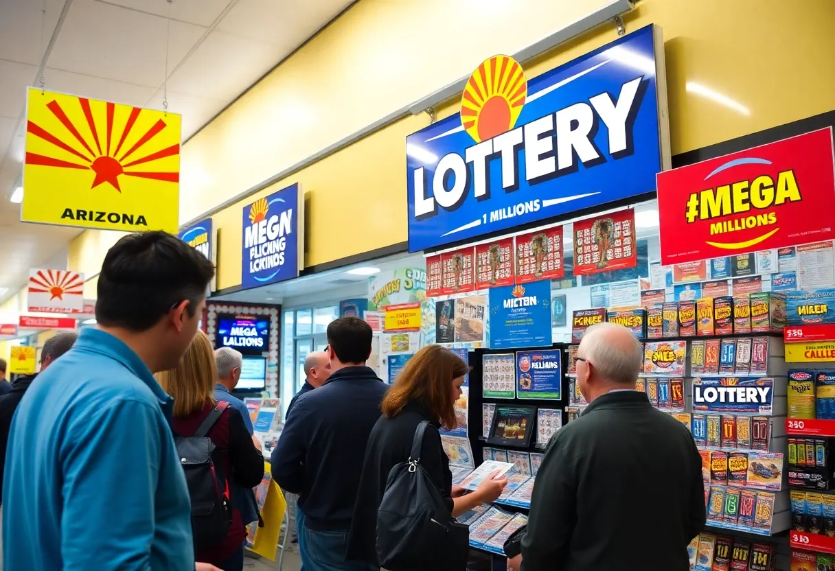 People buying Arizona Lottery tickets at a retail location.