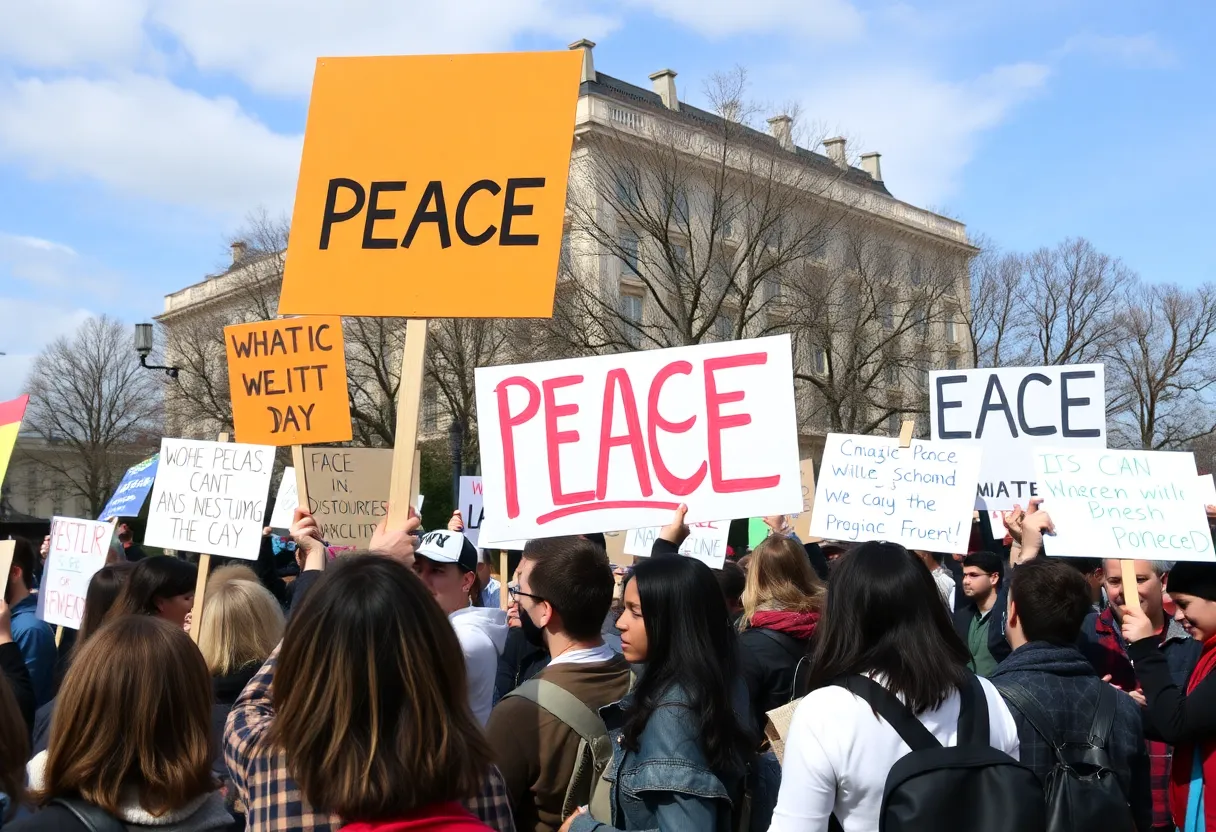 A peaceful protest scene with diverse individuals advocating for non-violence in a political context.