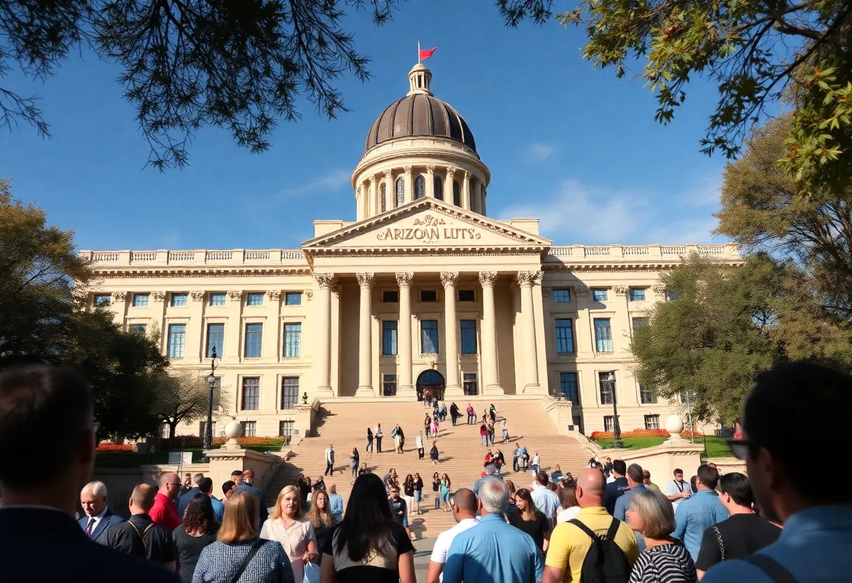 Arizona State Capitol Building with people gathering outside.