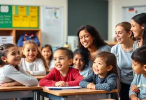 Young teachers interacting with students in a classroom