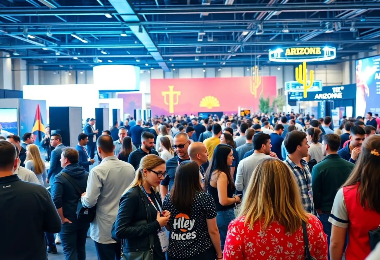 Attendees networking at Arizona Tech Week conference with tech displays.