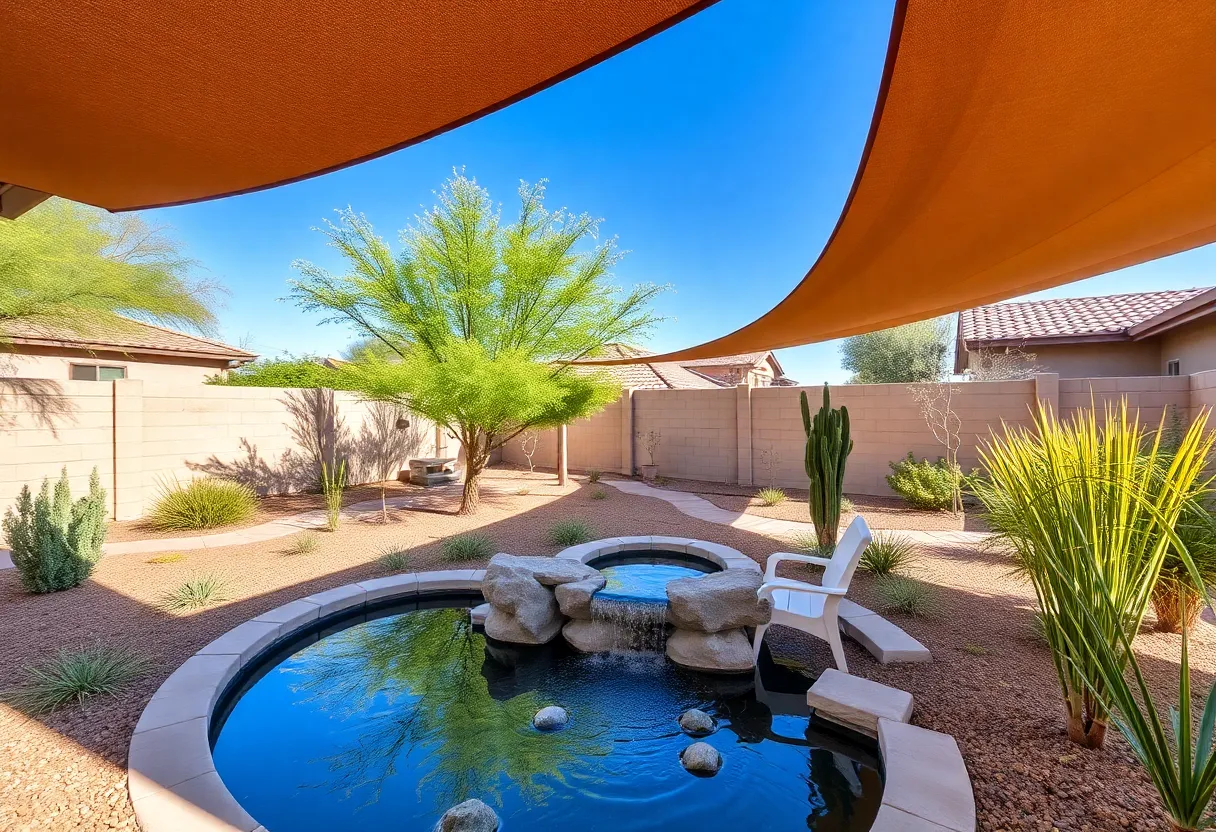 A stunning backyard oasis in Phoenix, Arizona, showcasing lush plants and a water feature.