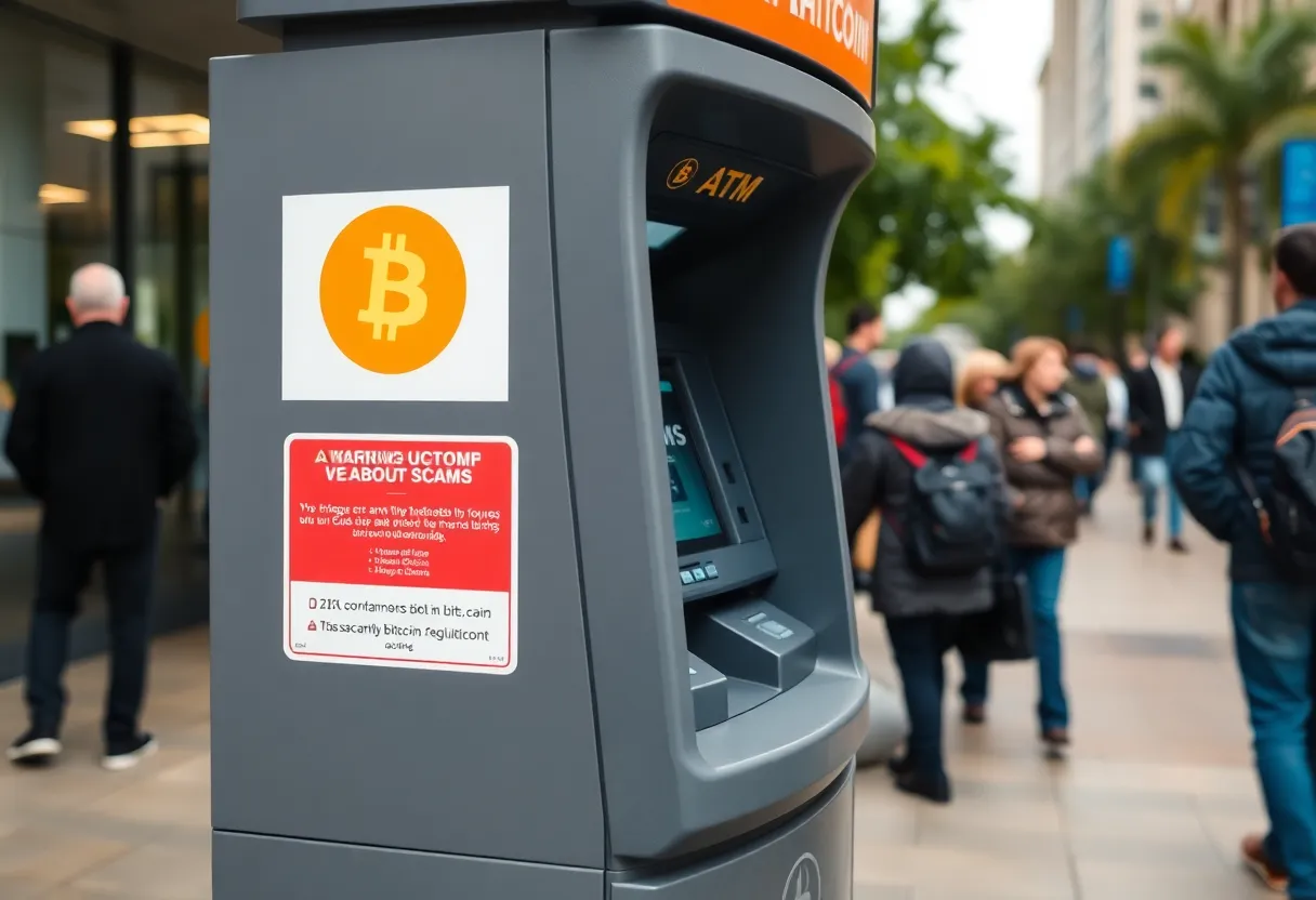 Bitcoin ATM machine with scam warning signs