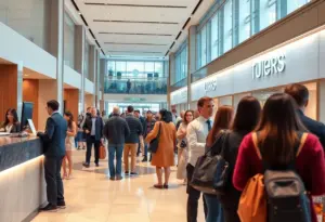 Guests checking into a hotel lobby during a time of economic uncertainty.