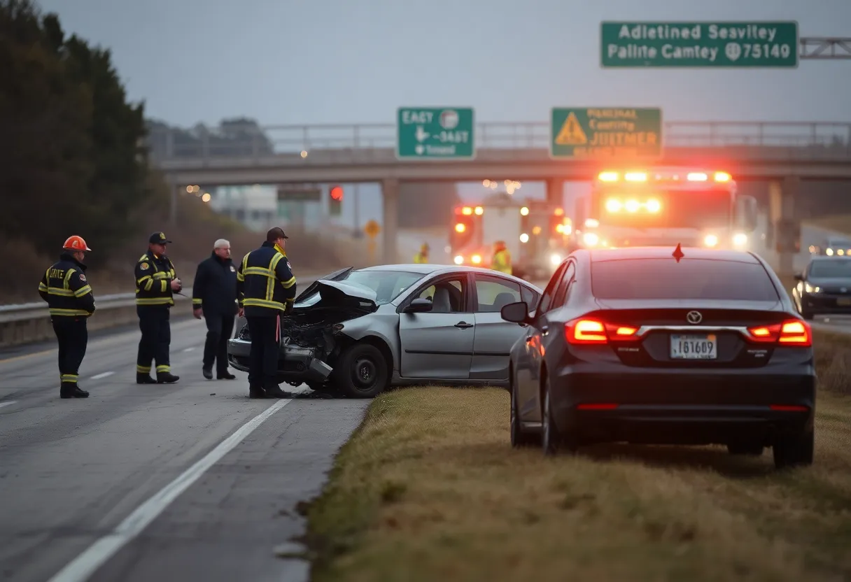Scene of a car crash on an interstate with damaged vehicles and emergency responders.