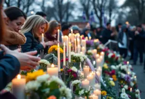 A heartfelt memorial service with attendees holding candles in remembrance.