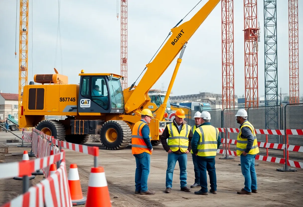 Construction workers on site practicing safety measures with heavy machinery.