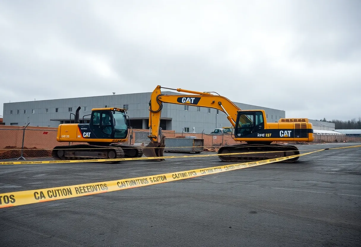 Overview of an empty construction site with heavy machinery and caution tape.