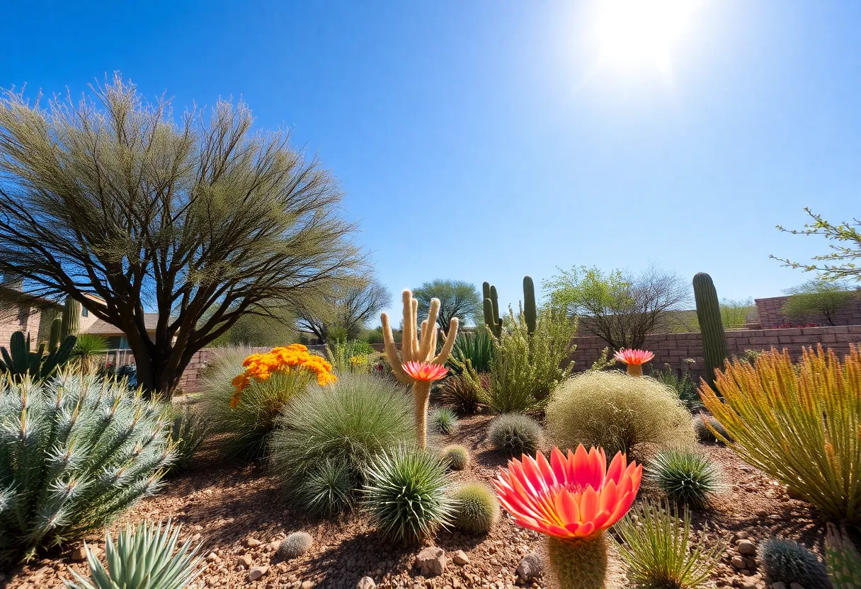 Colorful desert garden in Phoenix with native plants.
