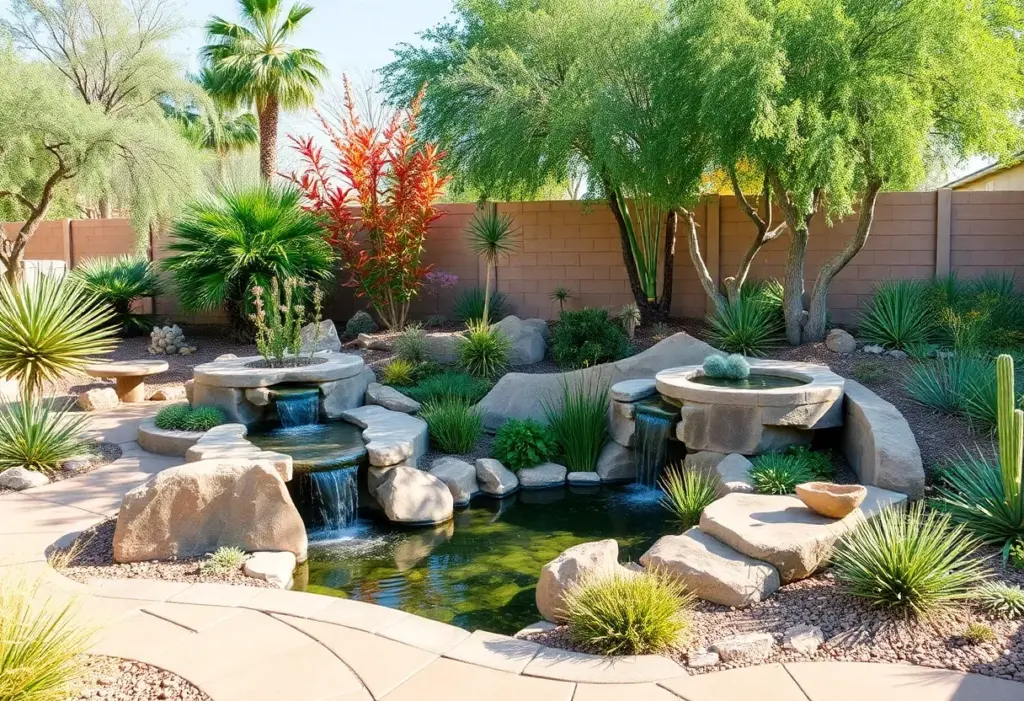 Desert oasis garden featuring succulents and a water feature in Phoenix