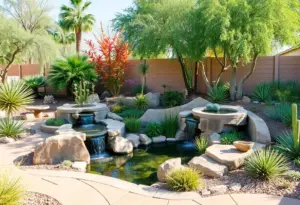 Desert oasis garden featuring succulents and a water feature in Phoenix