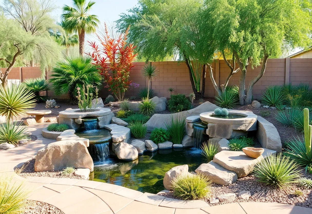 Desert oasis garden featuring succulents and a water feature in Phoenix