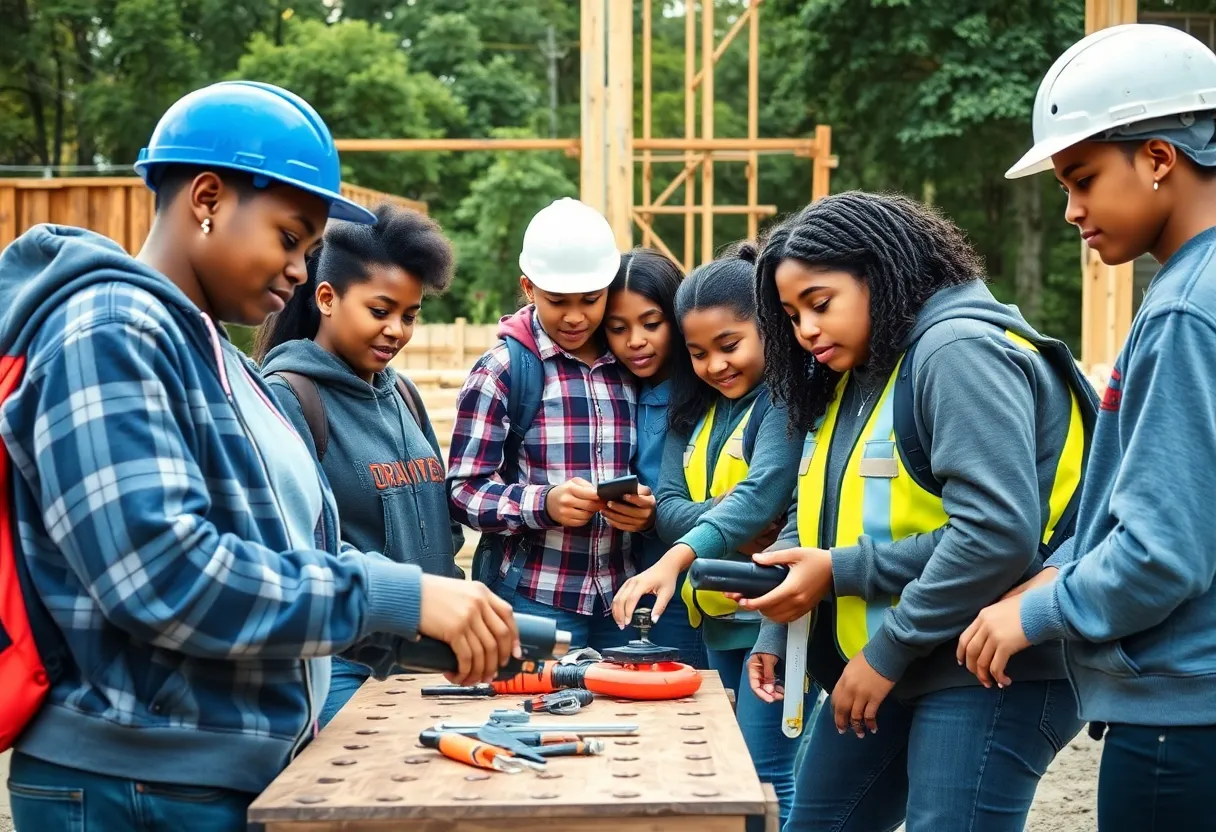 High school students working on a construction site during an internship program