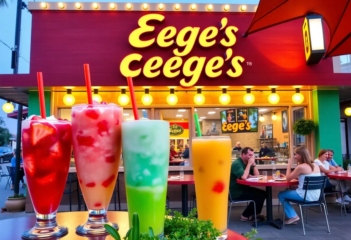 Colorful Eegee's restaurant featuring frozen fruit drinks and outdoor seating.