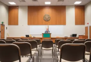 Empty chairs in a school board meeting setting