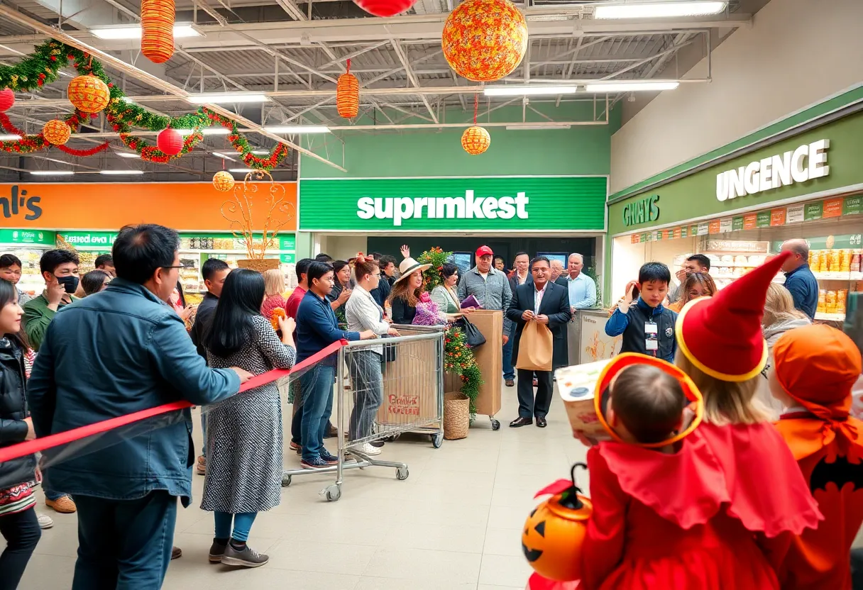 Crowd at the grand opening of Fry's Food Store with festive decorations