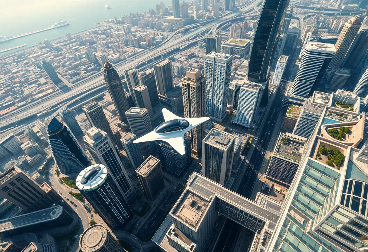 Aerial view of a futuristic city with flying cars and vertiports