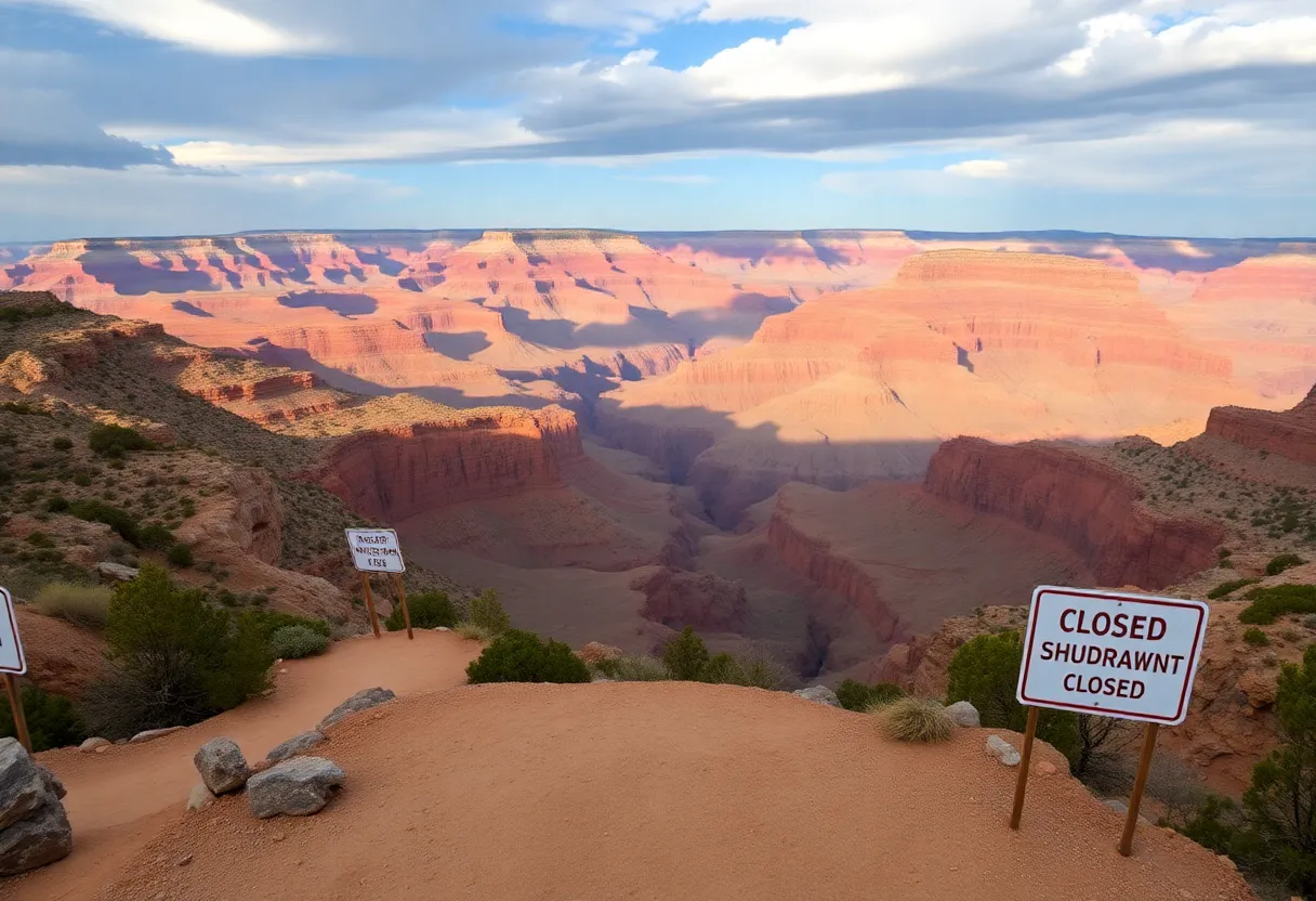 Desert landscape of the Grand Canyon with closed signs