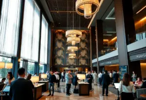 A luxurious hotel lobby with modern design and happy guests.
