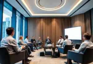 Hotel industry leaders discussing challenges and opportunities in a conference setting.