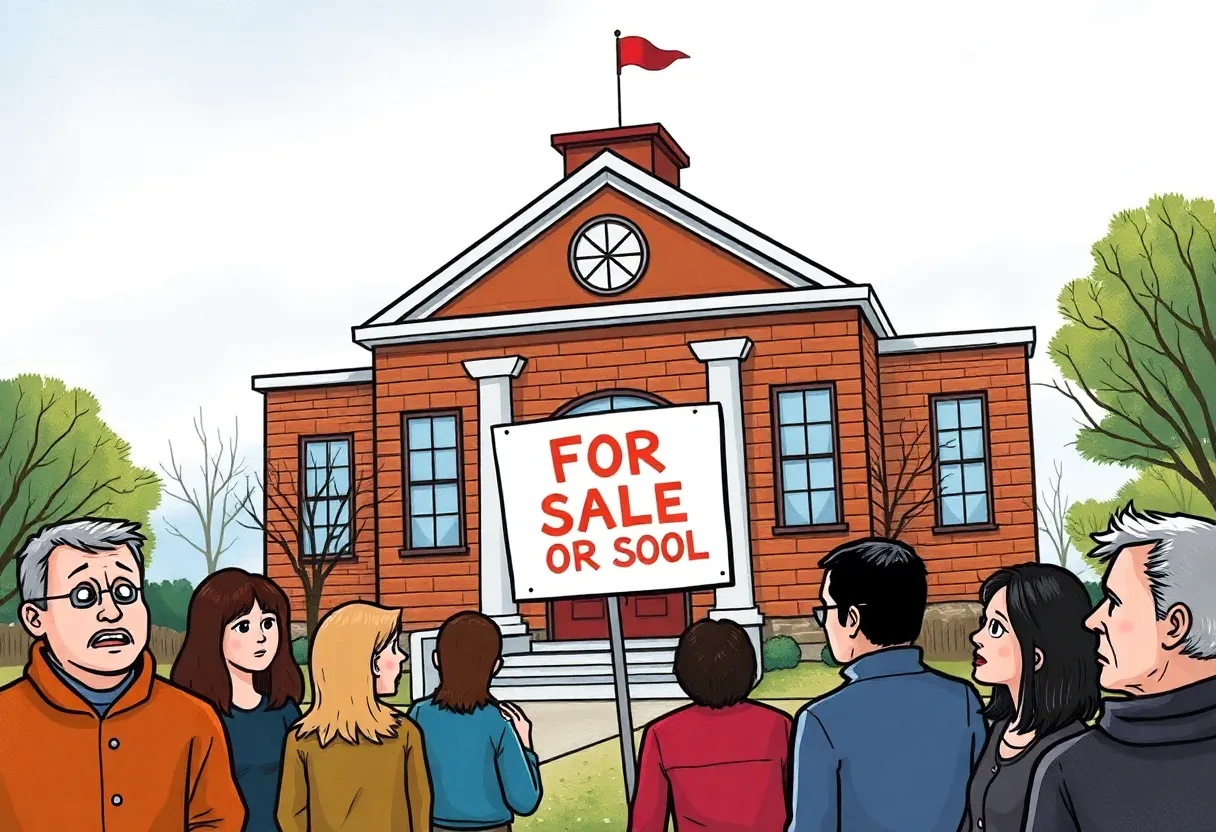 Illustration of a school building with a sign indicating potential closure amidst community concern