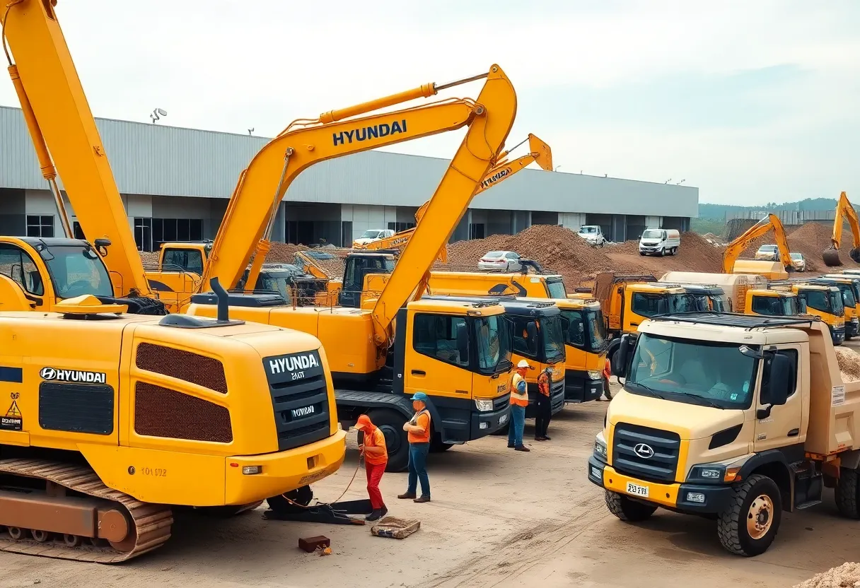 Hyundai construction equipment including excavators and wheel loaders at a construction site.