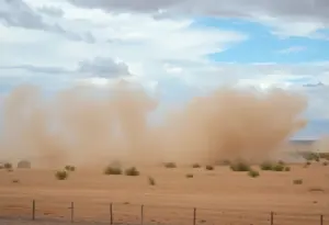 Dust and debris blown by strong winds in Imperial County