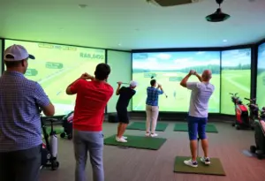 Golfer practicing at an indoor golf simulator