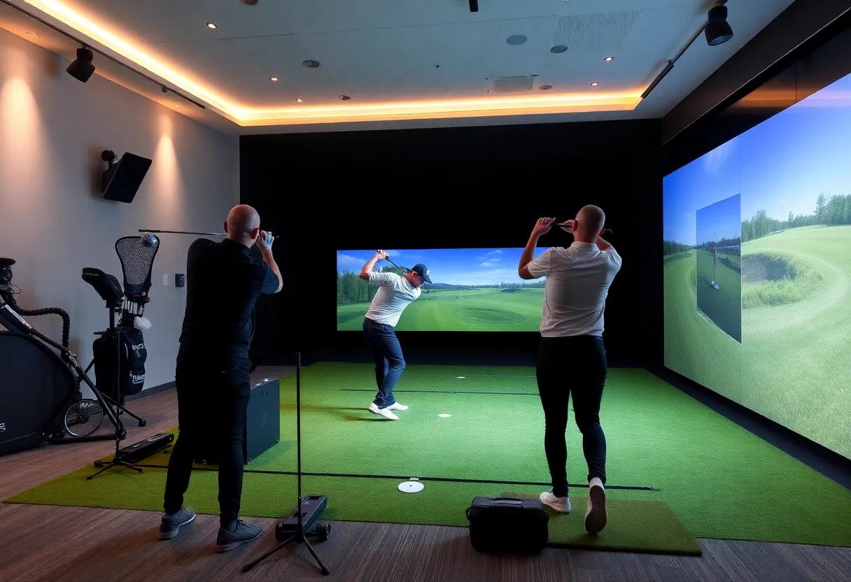Golfers practicing in advanced indoor hitting bays at Dick's House of Sport