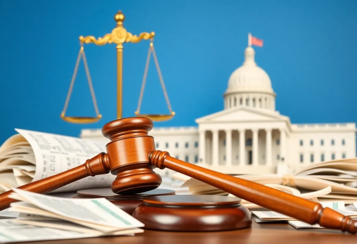 Symbolic representation of justice and democracy with congressional elements.