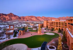 Winter scene at JW Marriott Resorts with golf courses and festive decorations.