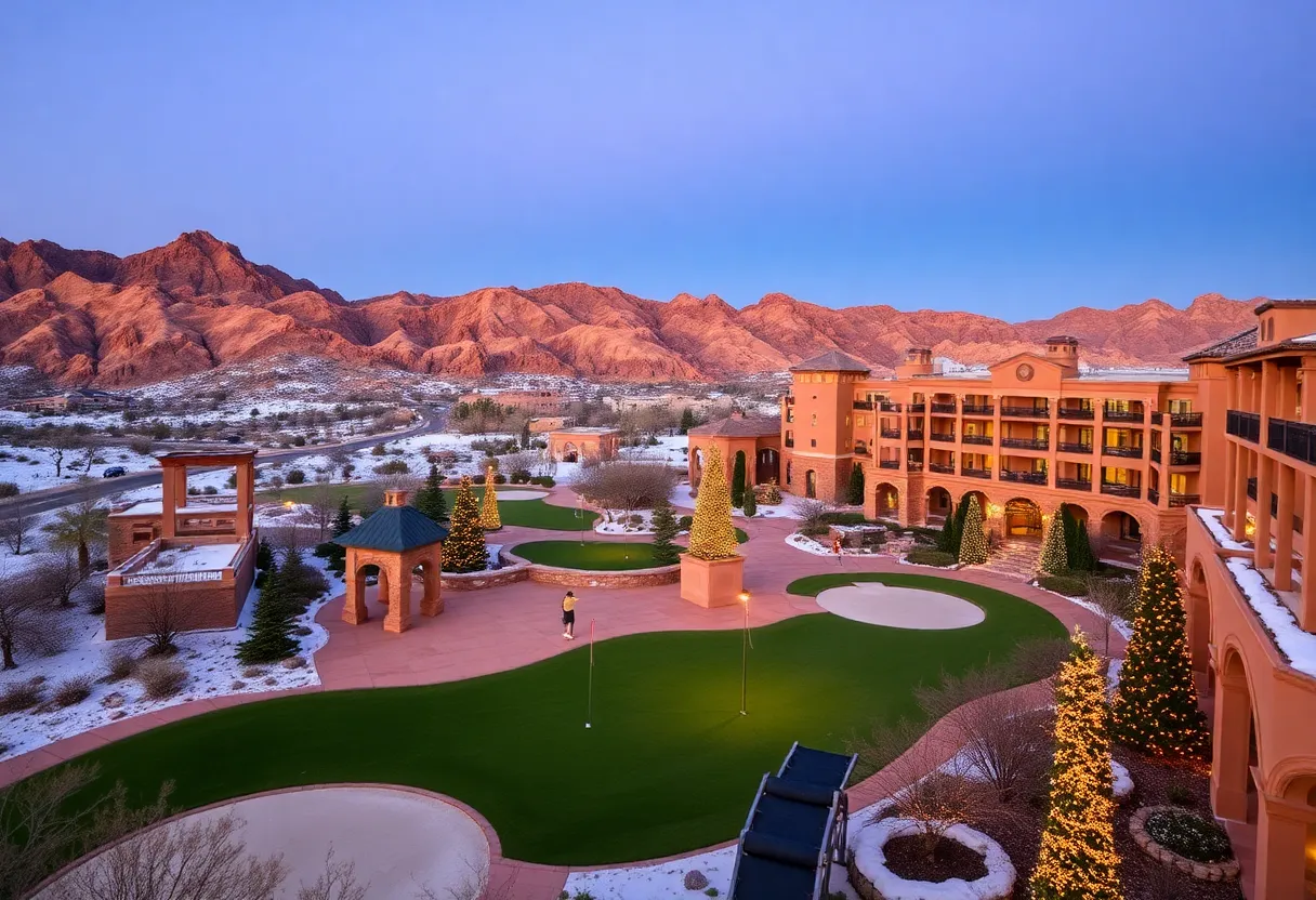 Winter scene at JW Marriott Resorts with golf courses and festive decorations.
