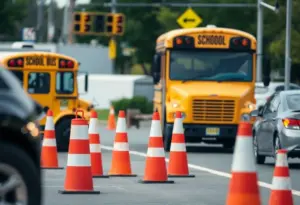 Construction zone with traffic cones and a school bus.