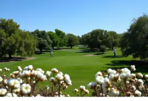 Scenic view of Las Colinas Golf Club with green lawns and cottonwood trees.