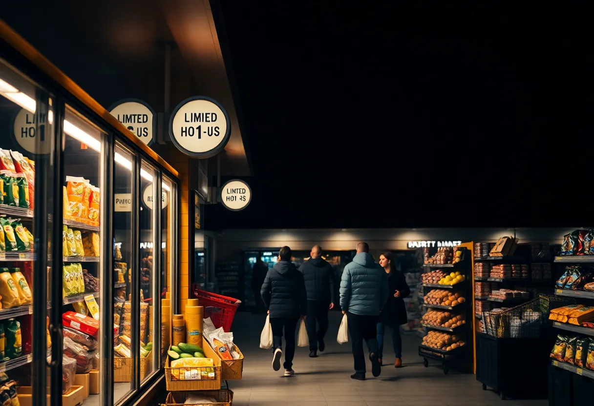 Customers shopping in a grocery store at night with limited hours
