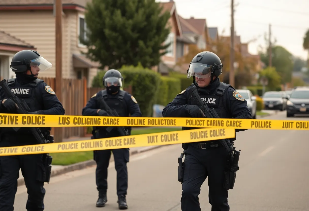 Police officers in tactical gear at a residential scene