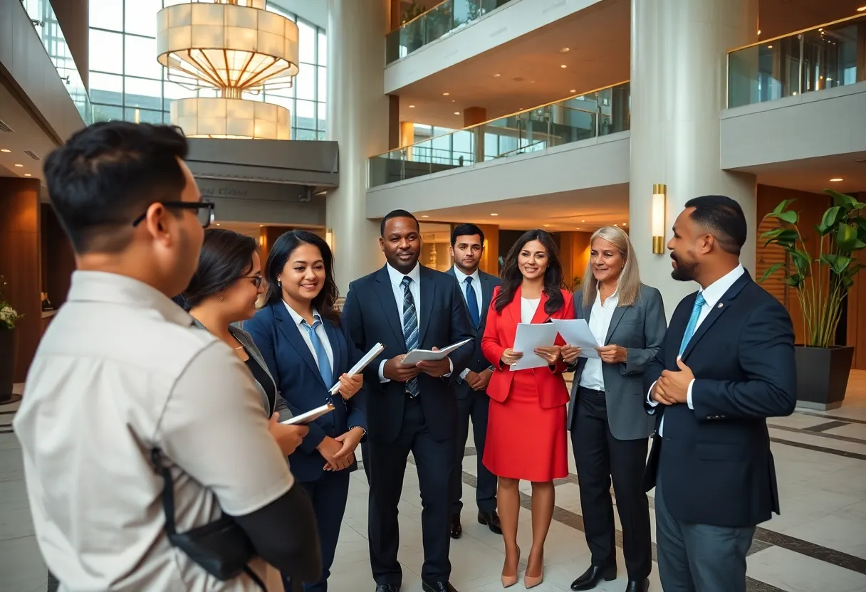 Leadership team in a hotel lobby engaged in discussion