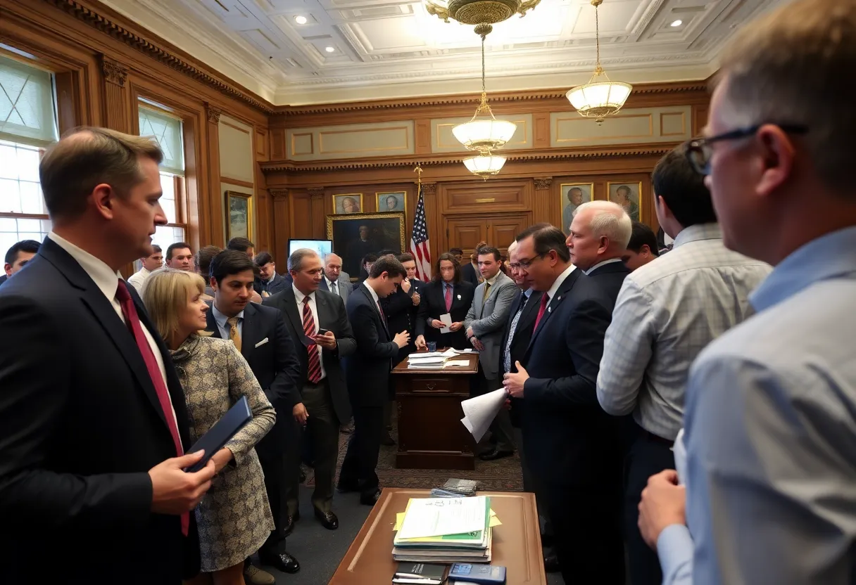 A legislative office filled with staff during a government shutdown.