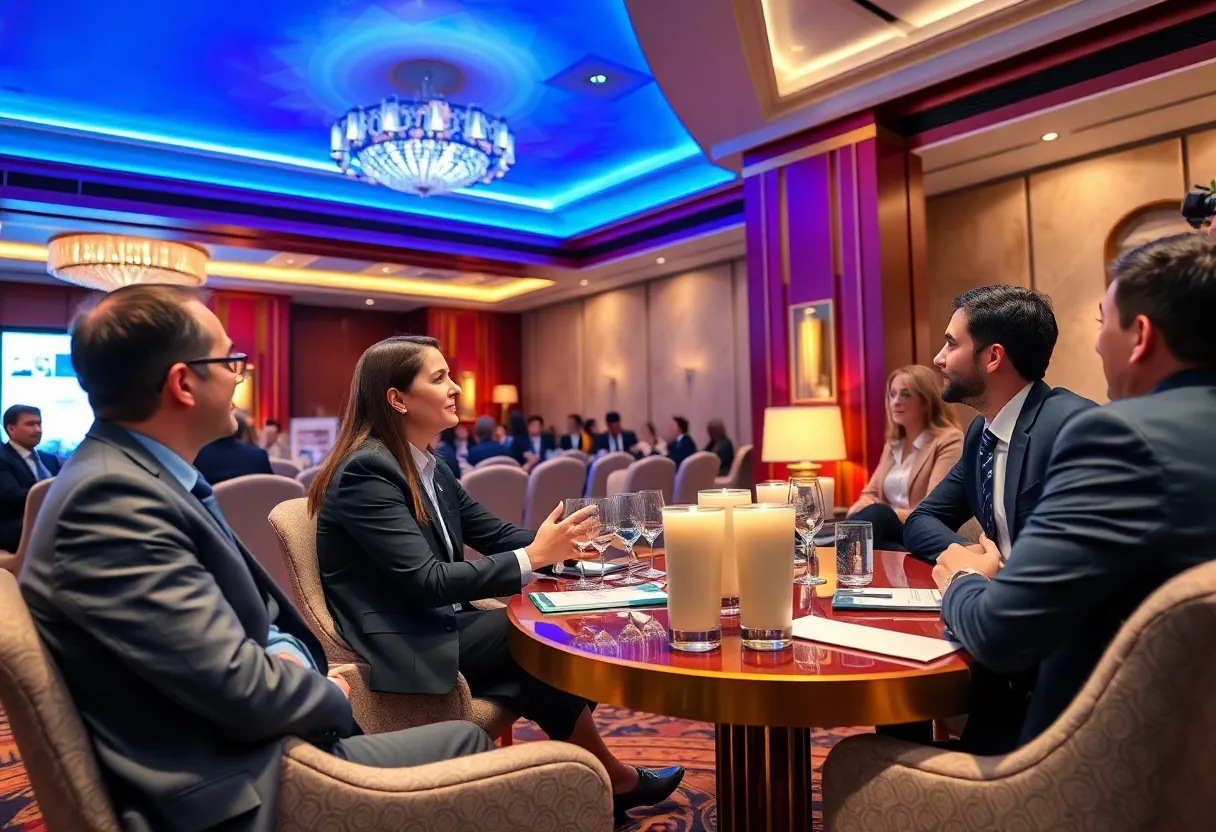 Professionals networking at The Lodging Conference focused on hotel industry insights.