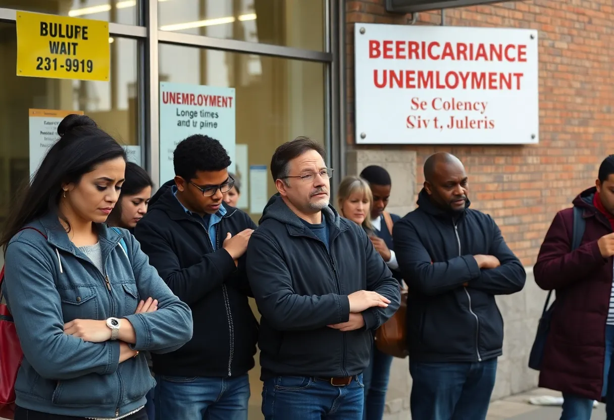 Individuals waiting outside an unemployment office