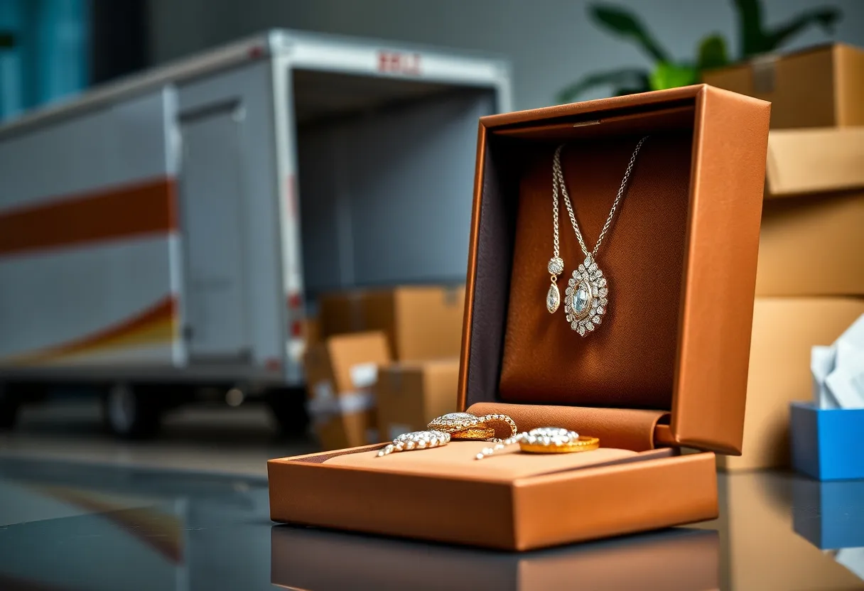 Elegant jewelry set in a box with a moving truck in the background.