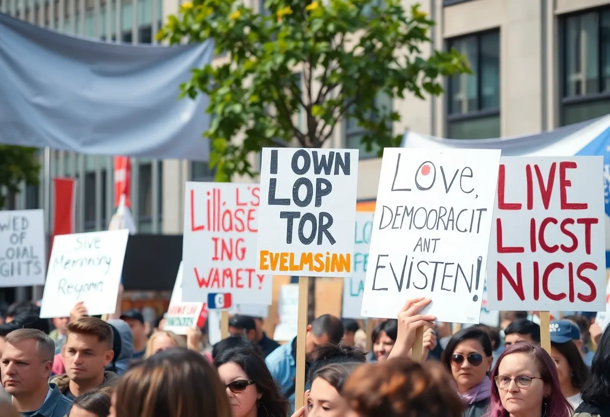 Diverse groups of people protesting for civil rights and democracy