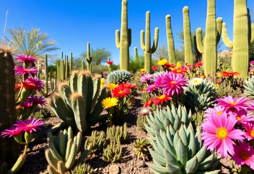 A diverse array of native plants in a garden setting in Phoenix, Arizona.
